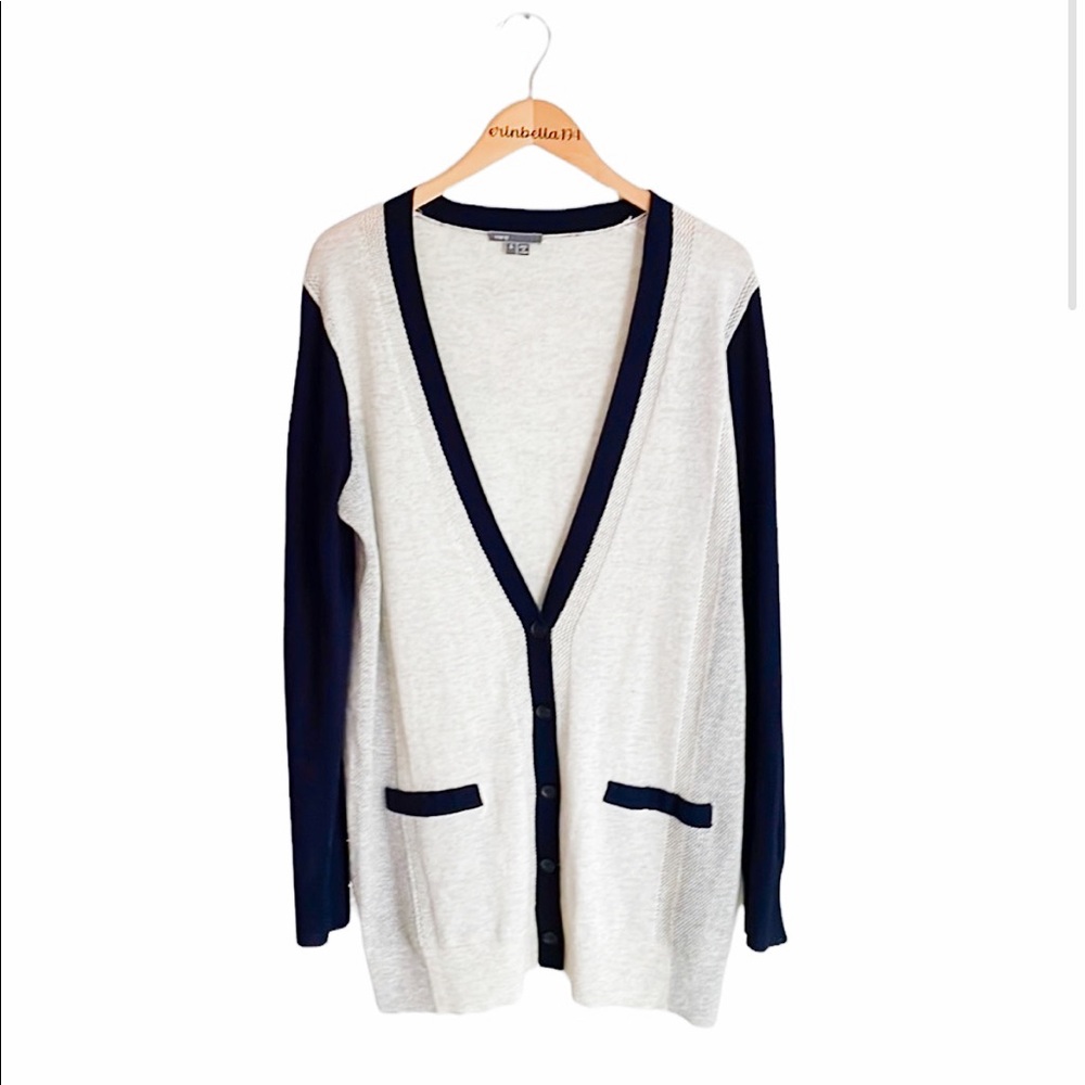 Vince Cream and Navy Long Open-Front Cardigan